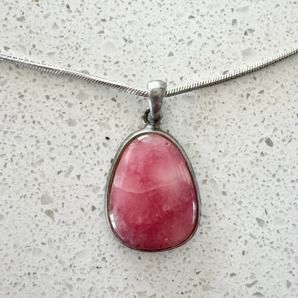 Paleo Romero Italian 925 Silver Chain 24" Polished Pink Rhodochrosite Pendant